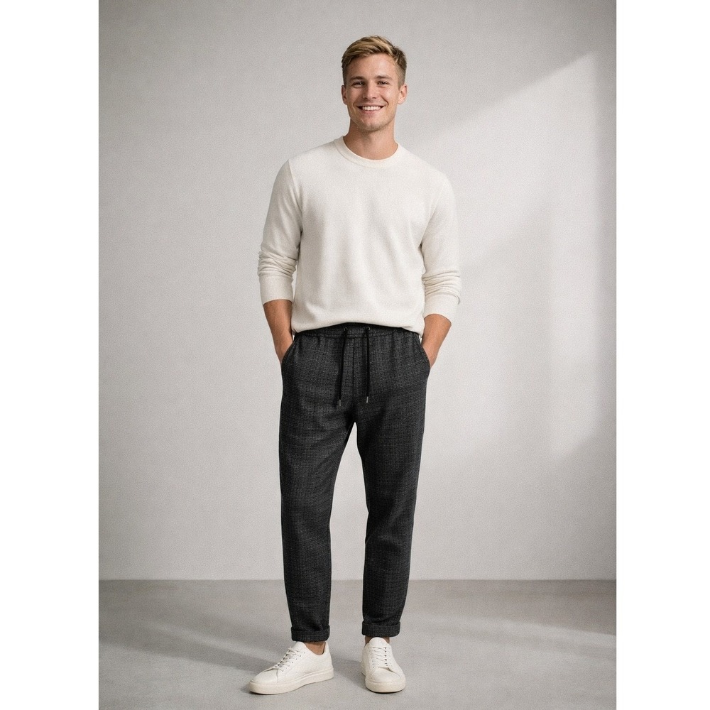 Paul Smith Mens 28 Micro Check Drawstring Tapered Trousers Pants Black Grey